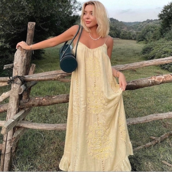 NWT Zara * Embroidered Maxi Long Dress Yellow - Picture 2 of 11